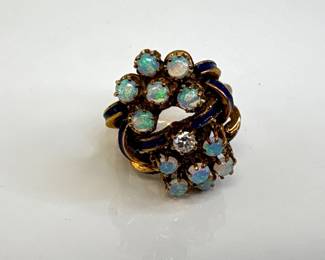 Lot 7405 Vintage 18K Gold OpalWhite StoneBlue Enamel Cocktail Ring Jewelry