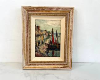 Lot 7348 Signed Boat Harbor Seascape Impasto Style Oil Art Painting