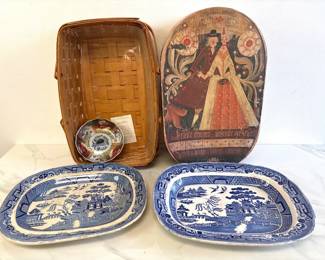 Lot 7566 Longaberger Basket Ironstone China Blue White Platters Hand Painted Chinese Bowl Reproduction Wedding Box
