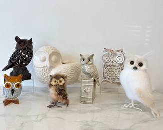 Lot 7370 Assorted Owl Figurines Planter Glass Ceramic Wood Etc.