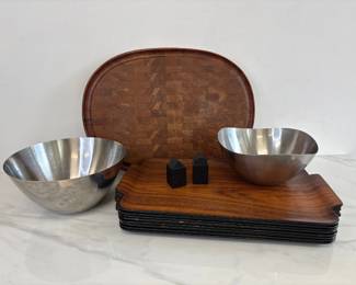 Lot 7292 MCM Teak Wood Trays Digsmed Denmark Cutting Board Danish Stainless Steel Bowls Modern Salt Pepper Shakers