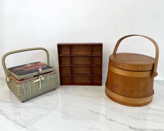 Lot 7356 Antique Wooden Firkin Bucket Vintage Sewing Basket Wood Miniatures Trinket Shelf