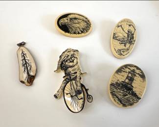 Lot 7245 Vintage K. McClelland Scrimshaw Pendants Brooch Jewelry