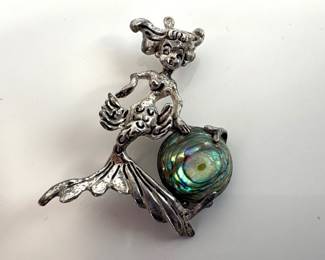 Lot 7401 Vintage Sterling Silver MermaidAbalone Pin Brooch