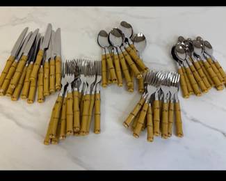 Lot 7380 Stainless Flatware w Plastic Bamboo Handle
