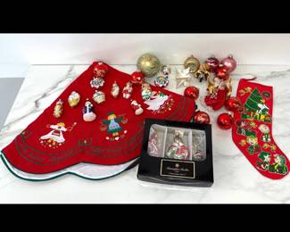 Lot 7372 Vintage Christmas Glass Ornaments Tree Skirt Peanuts Stocking