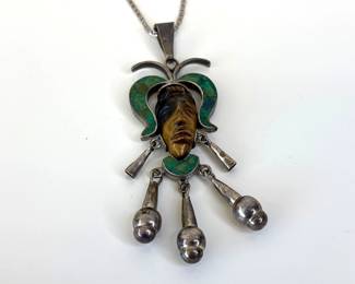 Lot 7416 Sterling Silver Taxco Mexico Pendant Necklace wMalachite Face