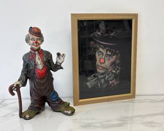 Lot 7143 Vintage Ceramic Clown Figurine Signed Trudy Clown Portrait on Black Velvet Painting