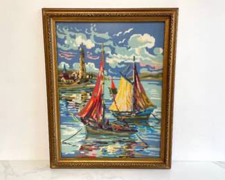 Lot 7095 Vintage Seascape Coastal Needlepoint Art