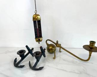 Lot 7358 Brass Cannonball Candlestick Holder Antique Taylor Bros Thermometer Metal Anchor Candle Holders