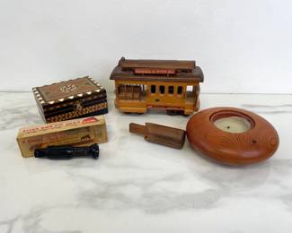 Lot 7529 Vintage Crow Bird Call Wild Game Whistles Wood Candle Holder Wood Inlay Trinket Box San Fran Trolly Car Music Box