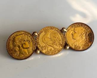 Lot 7465 French Gold Coin Pin France 20 Franc Coins Brooch Pin Jewelry