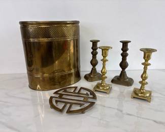 Lot 7297 Vintage Brass Candlestick Holders Trash Can Trivet