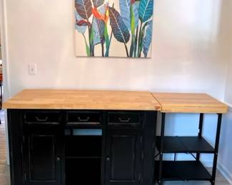 Black Rustic Buffet Island With Natural Stain Top Foldable, wheeled, Kitchen Island Bar Cart