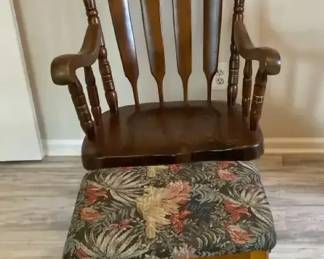 Vintage Wood Rocking Chair W Upholstered Ottoman Unknown Maker
