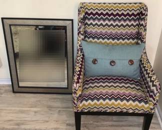 Multicolored Upholstered Chair With Large Mirror And Throw Pillow