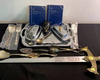 Silver Plated Serving Utensils, Platter, Butter Dish, Ceramic Piggy Bank WChange, Decorative Sword