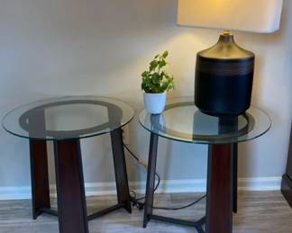 Pair Of Contemporary Metal W Glass Top End Tables W Lamp. Unknown Maker