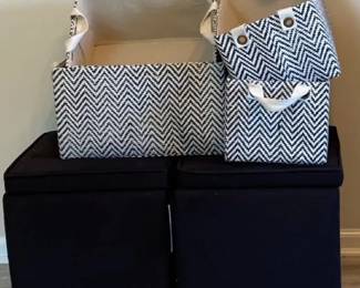 Pair Of Room Essentials Black Upholstered Storage Ottomans And Set Of 4 Canvas Storage Totes