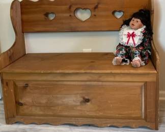 Vintage Cottage core Wooden Storage Bench W Cut Out Heart Design Porcelain Doll