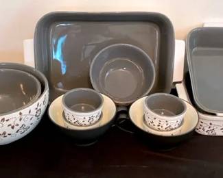 Cooks Companion Stoneware Set Dark Grey, Black White Floral With Butterflies 12 Piece Set
