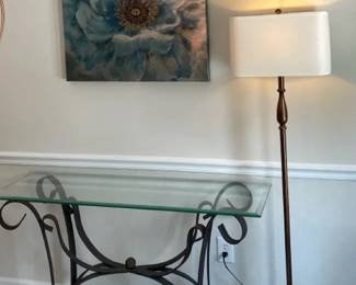 Wrought Iron Console Table W Glass Top, Floor Lamp, And Canvas Floral Print
