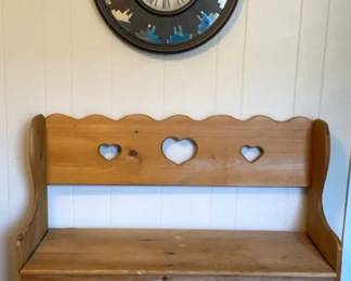 Vintage Charming Solid Storage Bench W Heart Shaped Cut Outs, ECW Co. Wall Clock With Rustic Frame