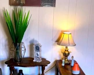 2 Wooden End Tables, Godinger Crystal Legends Miniature Grandfather Clock, Lamp, Willow Tree Salem