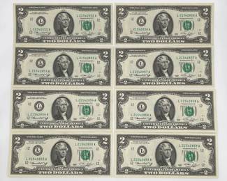 Eight (8) Sequential Uncirculated 1976 $2 Bills