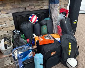 Sleeping bags, tents, volleyballs and nets, etc.
