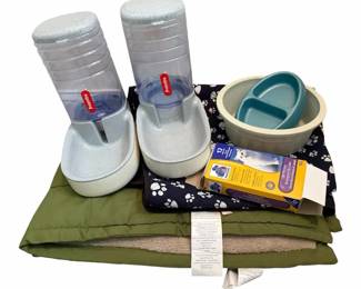 Pet Care Feeders, Blanket, And Seat Cover Lot
