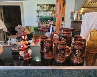 Vintage Salt Cellar, Vintage "Hobo Lamp Post", Vintage Ceramic Beer Steins w/ Pitcher