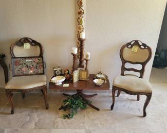 2 Mohair Chairs, Vintage Table, Vintage Brass Carriage Clock