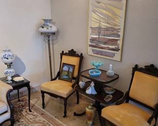 Eastlake Style Sitting Chairs, 2-tier Dumbwaiter Table, Fenton