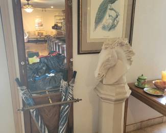 Vintage Hall Tree, Austin Productions Horse Sculpture, Tall Pedastal