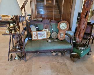 Vintage Settee, Vintage Brass Decor & Lamp, Vintage 2-Tier Table