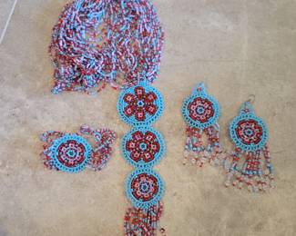 Hand Made Beaded Necklace, Earrings & Braclet