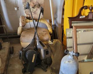 Vintage Dental Chair, Cannon Lake-Troll Downriggers, Vintage Scuba Tank