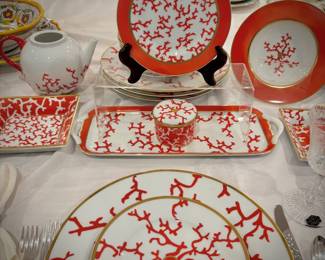 Raynaud Limoges “Christobal” by Alberto Pinto in Coral Red w/ gold trim - 25+ pieces