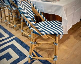 Six Serena & Lily “Riviera” counter-height blue and white bamboo stools