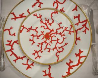Raynaud Limoges “Christobal” by Alberto Pinto in Coral Red w/ gold trim - 25+ pieces