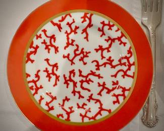 Raynaud Limoges “Christobal” by Alberto Pinto in Coral Red w/ gold trim - 25+ pieces