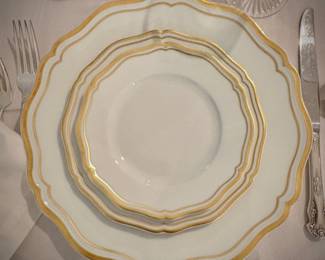 Raynaud Limoges “Polka” white porcelain with hand-painted gold edging - 25+ pieces