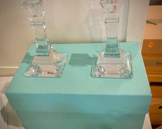Pair of Tiffany crystal candleholders and box
