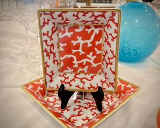 Raynaud Limoges “Christobal” by Alberto Pinto in Coral Red w/ gold trim - 25+ pieces