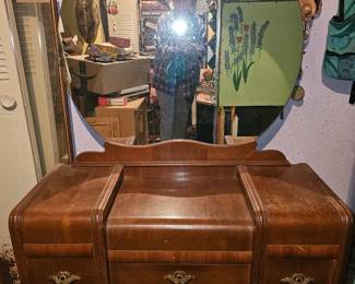 1940s Waterfall style vanity, side table and highboy dresser set