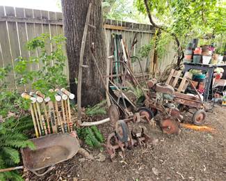 Gardening rotatillers, croquet sets, Radio Flyer wagon, scythes