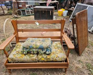1920s love seat frame, trundle bed and steamer trunk