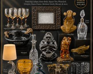 Seguso Viro, Ca’FALIER, Venetian glass, Italian glass, art glass, Kosta Boda, Kosta Boda gorilla, Kosta Boda monkey, Lalique, Lalique crystal panels, Orrefors, Orrefors amber bowl, Daum France, Daum crystal, Daum lamp, Daum dish, Moser glass, Moser decanter, Waterford crystal, Maitland-Smith, Maitland-Smith bronze, Murano glass, L’Objet, Artel tumblers, Ann Primrose glass, Emilia Castillo, Pickard, Jan Barboglio, fine crystal, designer glass, crystal decanter, stemware, wine glasses, art glass sculpture, bronze sculpture, figural sculpture, Samuel Brecher, Sandra Sedmak Engel, X. Cabrera, Edward Laning, H.L. Stubb, Natalie Leibmann, Richard Harrington, C. Bovic, fine artwork, framed art, etchings, pencil sketch, oil painting, encaustic art, abstract painting, bronze horse, bronze monkey, avian man sculpture