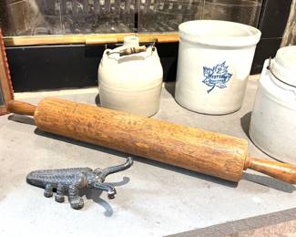 Antique Western Crock, Rolling Pin, Boot Jack